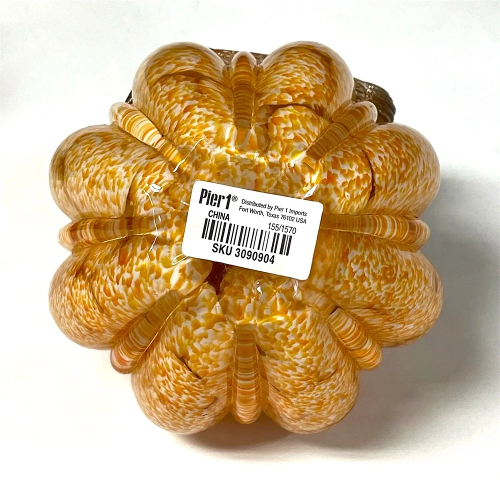 Pier 1 Hand Blown Orange Speckled Glass Pumpkin Glittering Gold Stem Fall Decor
